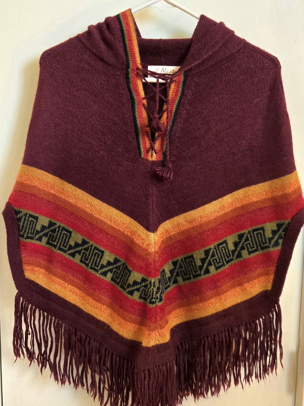 Peruvian Alpaca Wool Burgundy Hooded Poncho  With Andean Geometric Pattern
